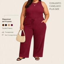 Conjunto Plus Size Canelado Pantalona Wide Leg Com Bolso Regata Canelada Feminina - Vinho - Visão 2