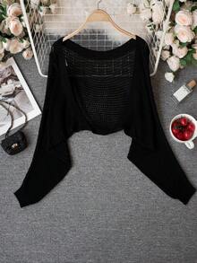 Black Hollow Out Knit Cover Up For Women, Lightweight Long Sleeve Sheer Sun Protection Batwing Sleeve Top, Spring/Summer - Black - View 7