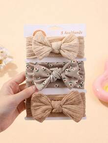 3pcs Soft & Stretchy Infant Headbands Set, Cute Brown Printed Pattern, Suitable For Daily Use - Multicolor - View 1