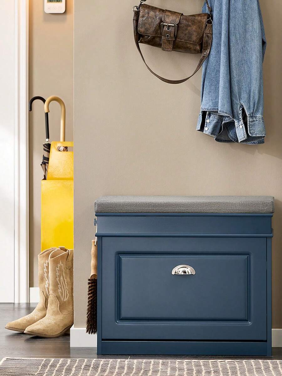 SoBuy 帶座墊的換鞋凳，儲物空間，鞋櫃，鞋架，窄型，節省空間的長凳，帶儲物空間，適用於走廊，客廳，臥室，白色復古木紋效果 FSR82-K - 藍色 - 查看 1