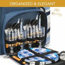 [Envíos locales] Mochila de picnic para 4 personas con forro aislante, accesorios completos incluidos, color azul y negro, portátil para actividades al aire libre - Azul - Ver 3