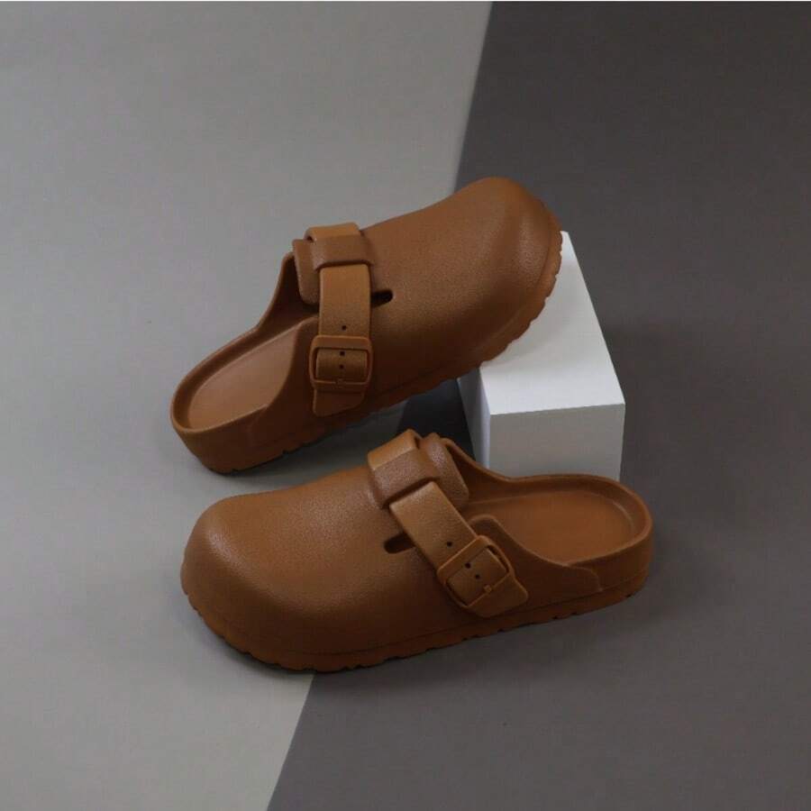 Men's Slip-On Slippers, Casual Unisex Hollow Thick Sole Mule Sandals, Breathable Beach Slides - Rust Brown - View 1