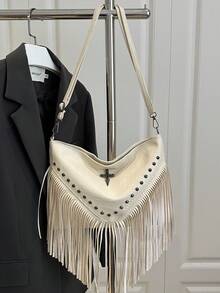 Bolso bandolera de cuero retro de moda, bolso de hombro estilo bohemio con flecos y remaches, cartera cuadrada casual, bolso de mensajero adecuado para viajes y uso diario, bolso bandolerade - Beis - Ver 10