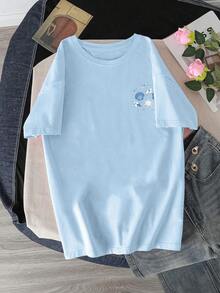 Girls' Loose Graphic T-Shirt, Hand-Painted Shell & Starfish Pattern, Bow Decor, Casual Oversized Fit, Suitable For Beach Vacation, Back To School, Summer Wear - Baby Blue - View 2