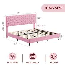 Base de cama King rosa con cabecera tapizada, plataforma resistente con listones de madera resistentes, sin somier, silenciosa y fácil de montar. - Rosa - Ver 2