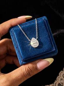 1pc Exquisite Fully Paved Zirconia Teardrop Pendant Necklace, 925 Sterling Silver Jewelry, Lightweight Luxurious Sparkling Collarbone Necklace, Elegant Jewelry Gift, Suitable For Daily Wear And Dates - Water Droplets - View 7