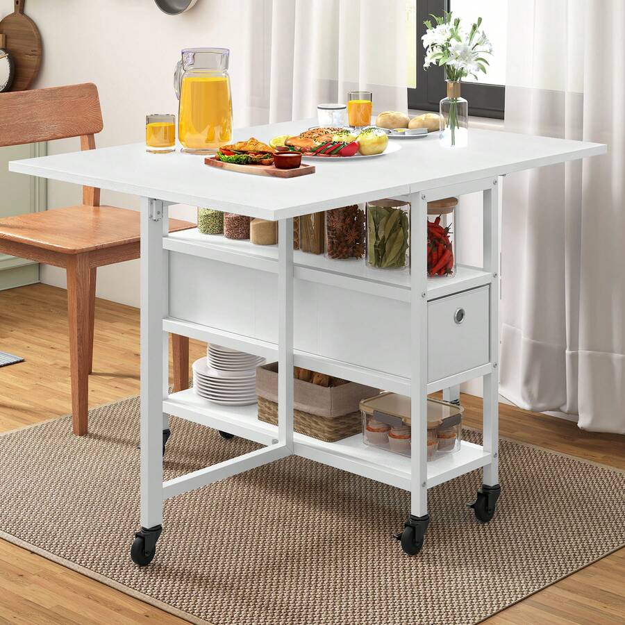 Yitahome Folding Dining Table For 4-6, Mobile Drop Leaf Table With 6 Wheels & Storage Drawers For Small Spaces, Kitchen, Dining Room - White - View 1