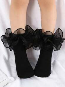 1 par de calcetines de tobillo con volantes de color liso lindos para uso diario para niñas - Negro - Ver 6