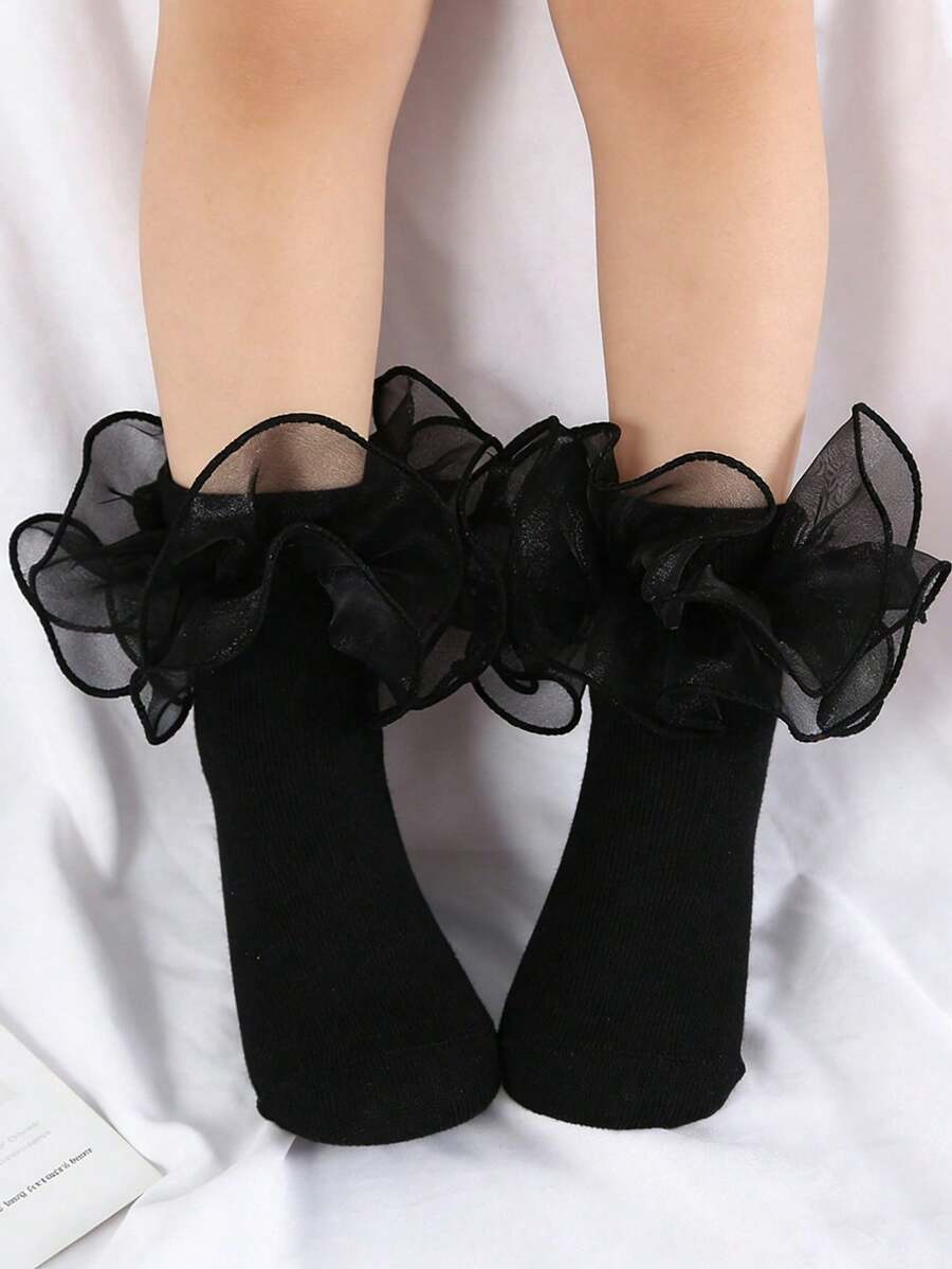 1 双女童纯色荷叶边可爱短袜，适合日常穿着 - 黑色 - 查看 1