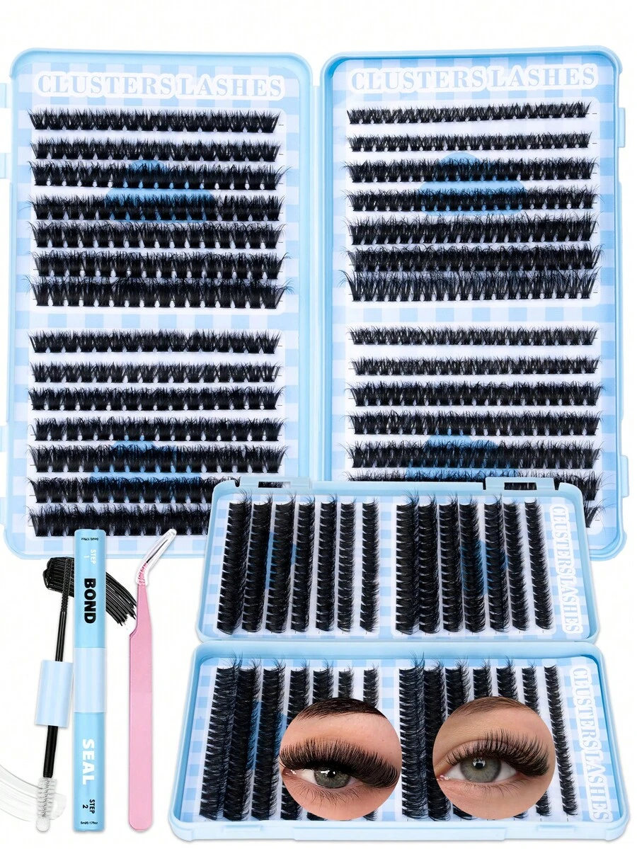 504pcs Segmented False Eyelashes DIY Set, Cluster Fake Lashes, Soft Individual Lashes, Includes Individual Lashes, Glue, Sealant, Tweezers, Creates Natural Soft Lash Effect, Large Capacity Lash Book, Suitable For Beginners - Black - View 1