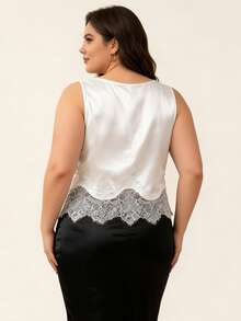 Women's Plus Size Satin Tank Tops Elegant Floral Lace Trim Sleeveless V Neck Loose Fit Vest For Party Daily Wear - 白色 - 查看 5
