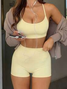 GAOVOT 女士极简瑜伽运动健身性感吊带背心和高腰短裤两件套，夏季 - 淡黃色 - 查看 6