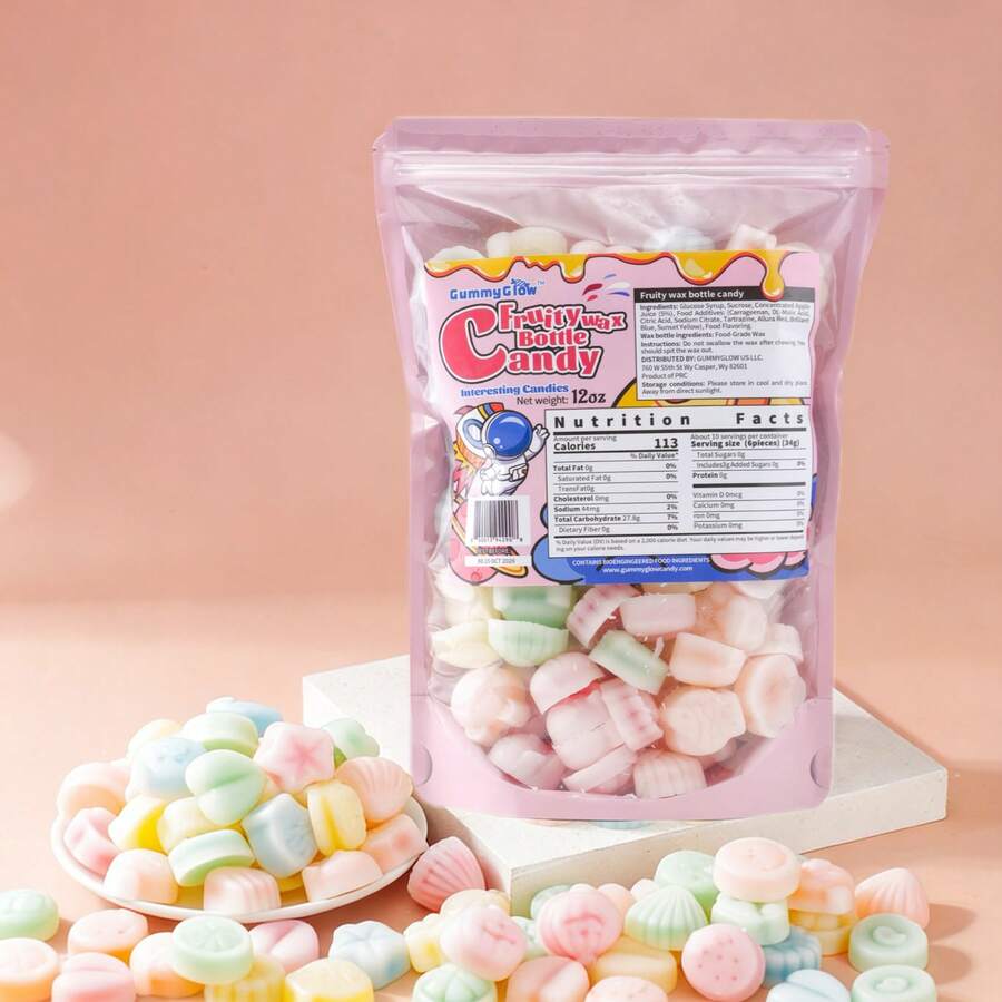 Gummy Glow [Holiday Gift] Wax Candy 12oz Filled Variety Flavor Jam,Contains 55-65Pieces Fun Shape Candies And 5 Flavors, Retro Party Snacks.Satisfying ASMR Chewy Snack For Stress Relief