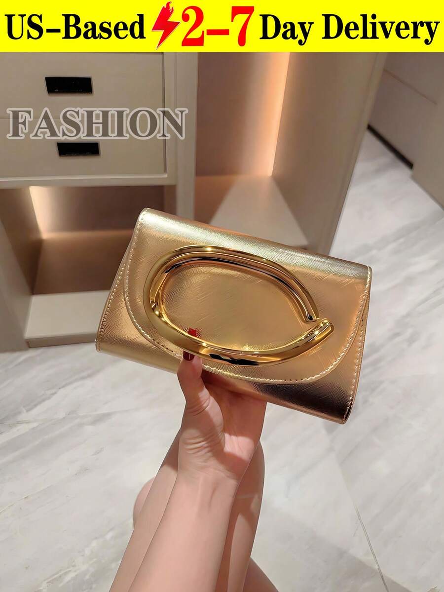 1pc Fashionable Metal Decor Mini Box Clutch Bag, Elegant Shiny Metal Bar Accent Women's Handbag, Luxury Feel For Evening Dress, Party, Wedding, Prom, Metallic Chain Included , New Year,Crossbody Bags For Women,Bags For Women,Clutch Purse For Women,Bolsos De Mujer Elegantes,Handbags For Women,Carteras De Mujer Elegantes,Travel Essential - 金色 - 查看 1