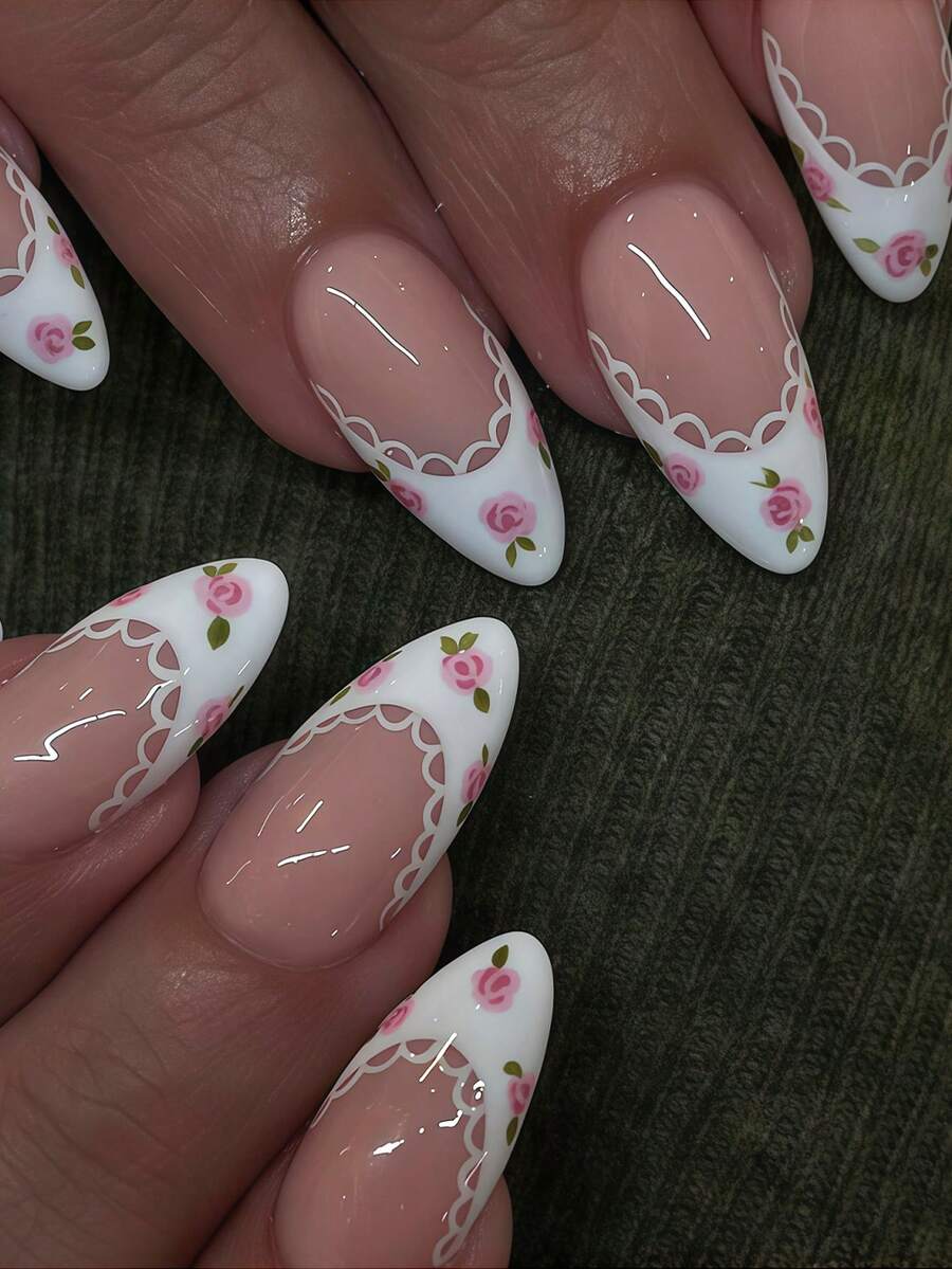 24片中号杏仁形亚克力美甲贴纸，简约优雅甜美玫瑰花卉图案白色法式美甲贴纸，清新时尚蕾丝设计白色法式裸色透明底色假指甲，全覆盖假指甲，适合女性和女孩，包含1张粘性贴纸和1条迷你锉刀条，随机发货 - 彩色 - 查看 1