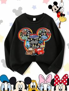 Disney Cars Lightning McQueen Mickey Silhouette Racing Checkered Flag Boys Comfortable Print Young Girls' Long Sleeve Sweatshirt, Suitable For Autumn/Winter, Lightweight And Cozy, Great For Layering In Fall, Fashionable Casual Wear, Graphic Design, Back To School Season, Autumn, Back To School Party, Suitable For Outdoor Picnic, Street Photography, Home, Campus, Holidays, New Year Gift - Black - View 1