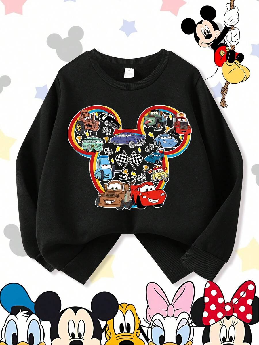 Disney Cars Lightning McQueen Mickey Silhouette Racing Checkered Flag Boys Comfortable Print Young Girls' Long Sleeve Sweatshirt, Suitable For Autumn/Winter, Lightweight And Cozy, Great For Layering In Fall, Fashionable Casual Wear, Graphic Design, Back To School Season, Autumn, Back To School Party, Suitable For Outdoor Picnic, Street Photography, Home, Campus, Holidays, New Year Gift - Black - View 1