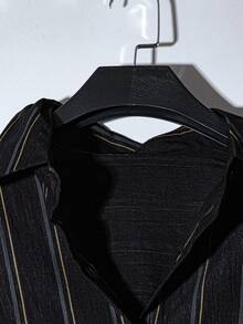 大尺碼女款刺繡條紋長袖單排扣休閒襯衫黑色 - 黑色 - 查看 3