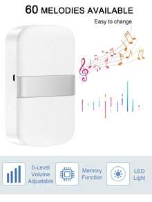 无线门铃遥控器，带 60 种旋律和 5 级音量，适合家庭使用，电池供电（3 节 AAA）或 USB 供电 - 白色 - 查看 3