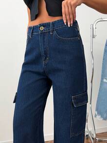 Women's Casual Flap Pocket Straight Leg Jeans, Autumn - Navy Blue - View 5