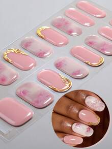 16片粉色渐变半固化凝胶美甲贴，金色箔片点缀，奢华风格自粘凝胶美甲全贴，易于美甲，沙龙品质，女士居家DIY美甲贴纸。 - 粉色 - 查看 2