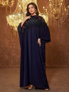 UNITHORSE 立领长袖贴花流苏优雅连衣裙 - 藏蓝色 - 查看 5