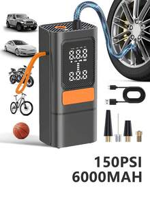 10000mAh Bomba inflable montada en el automóvil, cargador multifunción 2 en 1 con inflador digital de neumáticos de 150 PSI, linterna LED, diseño de martillo de , estructura duradera, incluye varios adaptadores | Herramienta de vehículo de emergencia | Naranja de alta visibilidad | Caja de almacenamiento - Inalámbrico - Ver 12