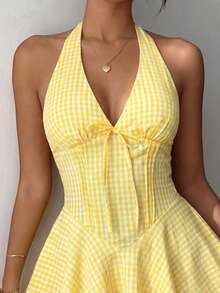 Soulscape Petite Women's Elegant Spaghetti Strap Mini Dress, Deep V-Neck Design With Adjustable Tie Back, Fitted A-Line Silhouette, Suitable For Summer Garden Parties, Outdoor Photography, Vacation, And Daily Sightseeing - Yellow - View 7
