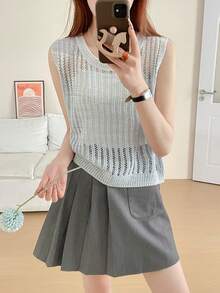 V-Neck Hollow Out Knit Vest For Women, Loose Vertical Striped Sleeveless Cardigan For Summer - Blue-gray - View 1