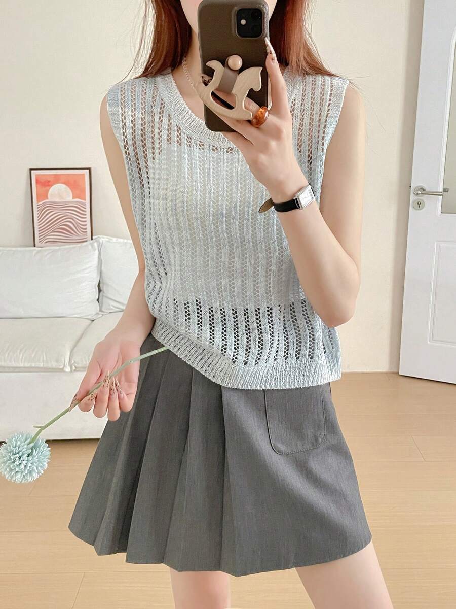 V-Neck Hollow Out Knit Vest For Women, Loose Vertical Striped Sleeveless Cardigan For Summer - Blue-gray - View 1
