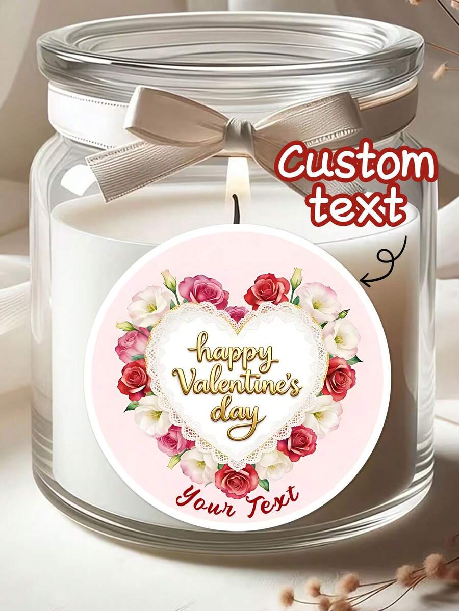 12/24/40pc Customized Valentine's Day Circular Stickers, 1.97-Inch Customized Valentine's Day Happy Stickers, Personalized Love Design Gift Stickers, Valentine's Day Pink Flower Thank You Stickers, Modern Valentine's Day Classic Circular Gifts, Valentine's Day Gifts, Customized Valentine's Day Stickers - Multicolor - View 1