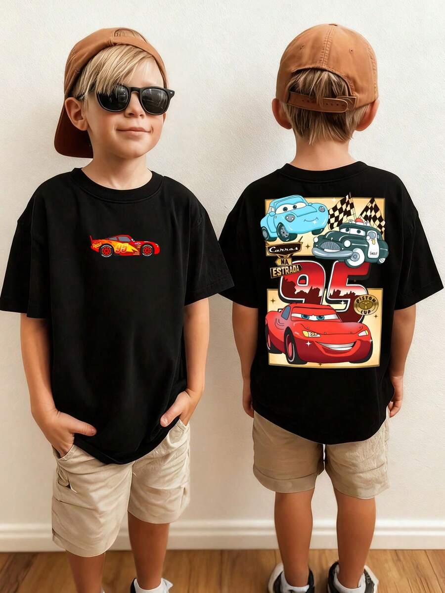 Disney-Speed And Childlike Fun! Racing Mobilization Lightning McQueen Children's T-Shirt No. 95 Racing Family Photo Printed Cotton Loose Short Sleeve Top - màu đen - Xem 1