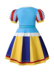 4-7 Years Old Girls' Dress, Puff Sleeve Design With Cute Cartoon Print Details, Fashionable And Stylish Dress For Family Outing, Casual Wear, Holiday Party, Daily Outfit - Multicolor - View 3
