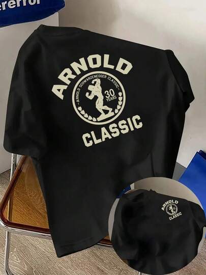 Men's T-Shirt, Arnold Classic Competition, Arnold Double-Sided Print, Short-Sleeved Men's Fashion, Suitable For Everyday Leisure And Outdoor Fitness Sportswear, 1 Piece, Men's Essential Style Top