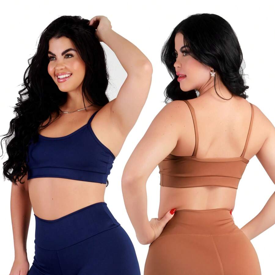 Work Fitness Kit Of 2 Premium Reinforced Polyamide Strappy Sports Bras For Gym Use - الأزرق والكراميل - مشاهدة 1