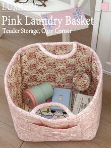 1Pc Floral Print Quilted Storage Basket Laundry Basket Large Capacity Portable Storage Bag Foldable Snack Basket With Handle For Women And Girls Cosmetic Storage Basket Toy Storage Basket Skincare Storage Basket Women Makeup Storage Multifunctional Storage Basket Cosmetic Organizer Home Decor Livingroom Bedroom Decor Bathroom Decor - 彩色 - 查看 5