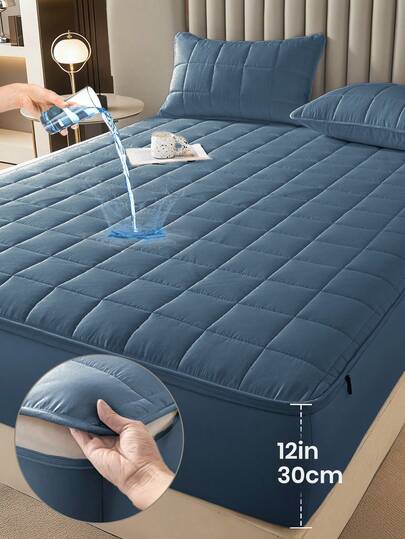 1 pieza Protector de colchón con cremallera de 6 lados impermeable, sábana ajustable acolchada y cómoda, se ajusta a colchones de hasta 12 pulgadas de profundidad, apto para tamaños individual/doble/queen/king, transpirable y silencioso, a prueba de polvo, color azul claro, amigable con la piel, lavable, funda de colchón premium con cremallera, ideal para la decoración del hogar, regalo perfecto para ocasiones especiales