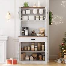 Alacenas para Despensa con Estantes Ajustables, Alto Independiente Alacena para Despensa con Cajón y 4 Puertas, Gabinete para Cocina para Comedor y Sala De Estar, Blanco - Blanco - Ver 3