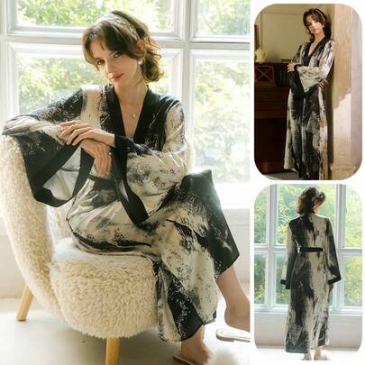 1pc Women's Satin Kimono Robe, Vintage Long Floral Kimono Sleepwear, Elegant Lightweight Ladies Sleepwear Bathrobe, Soft Silky Bathrobe For Home, Spa, Wedding, Party, Long Sleeve Tie Waist Kimono Robe For Relaxation And Sleep