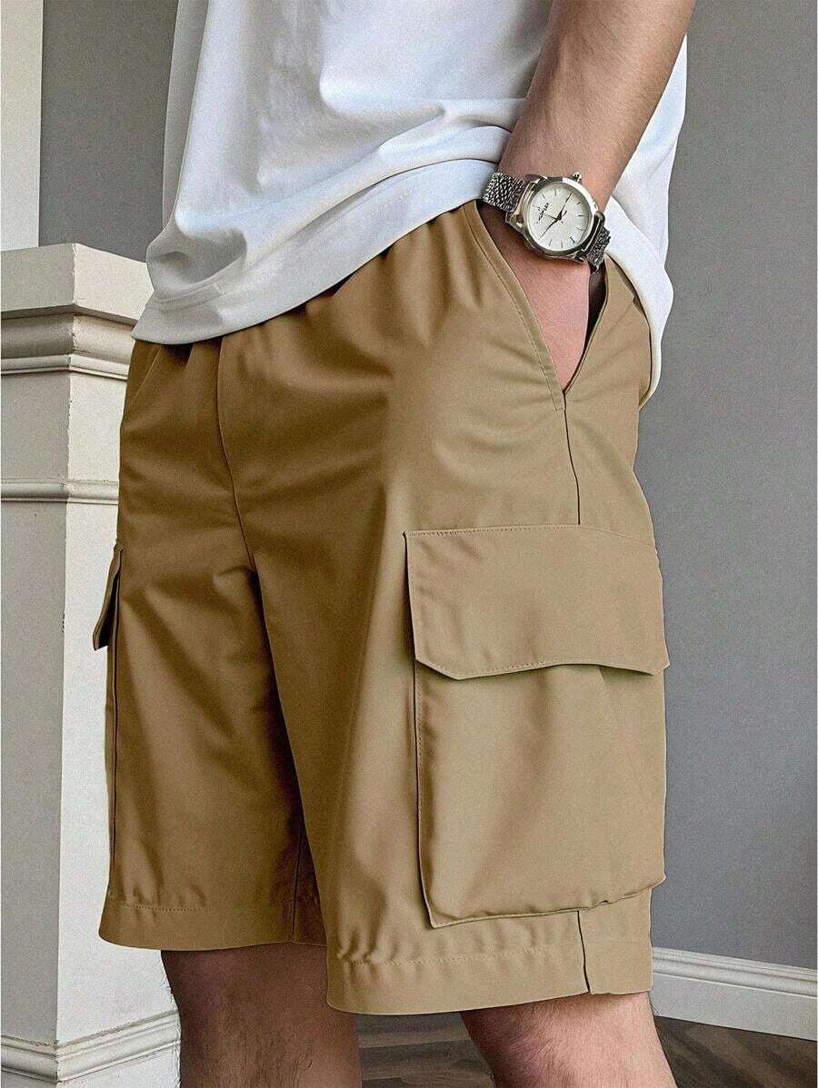 Pantalones cortos casuales con bolsillo lisos para hombres, adecuados para el verano pantalones tacticos de hombre - Caqui - Ver 1