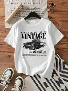 Casual Retro Car Graphic White Crew Neck Short Sleeve Fitted Women T-Shirt, Cotton Blend, Suitable For Summer Anti-Wrinkle Cotton T-Shirt - 白色 - 查看 7