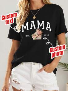 Personalized MAMA Photo T-Shirt, Thoughtful Gift For Mom, DIY Creative T-Shirt, Add Your Favorite Photo And Text - Black - View 1
