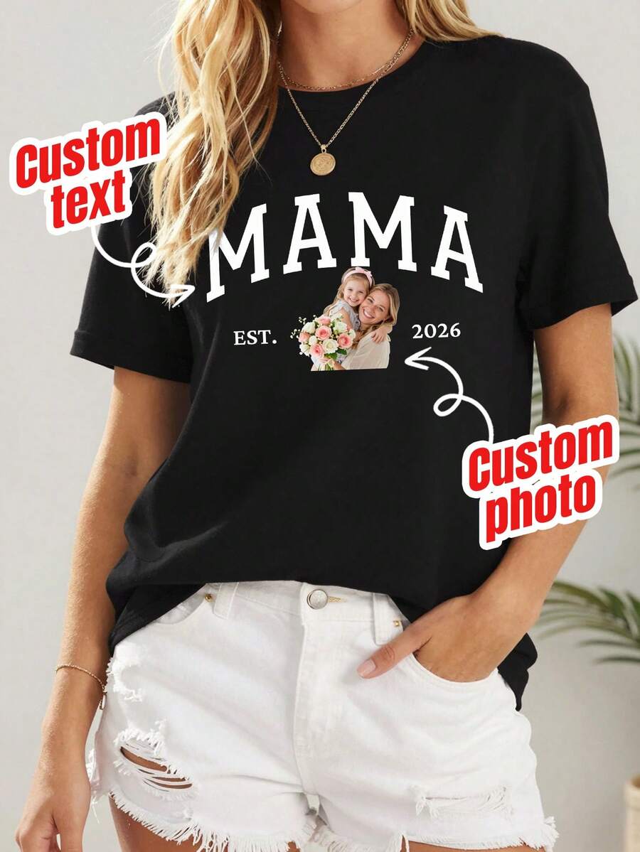 Personalized MAMA Photo T-Shirt, Thoughtful Gift For Mom, DIY Creative T-Shirt, Add Your Favorite Photo And Text - Black - View 1
