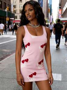 女士Y2K粉色无袖吊带连衣裙，性感甜美女孩爱心字母印花修身连衣裙，时尚别致的甜美性感风格，适合夏季街头、约会、派对和日常休闲穿着 - 粉色 - 查看 3