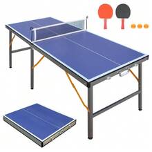 Table de ping-pong pliable avec filet et raquettes, idéale pour une utilisation intérieure et extérieure, surface de jeu bleue, comprend 2 raquettes et 3 balles, structure stable à 6 pieds, convient aux enfants et aux adultes. - Bleu azur - Voir 3