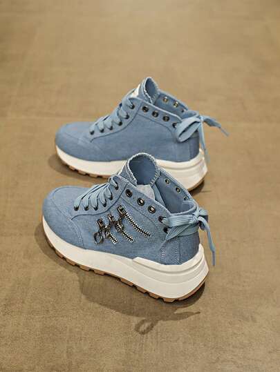 Spring New Men's Casual Outdoor Elevator Shoes, Denim Upper, Thick Sole, Side Zipper Design, Lace-Up, Fashion, Unisex Size 35-42
