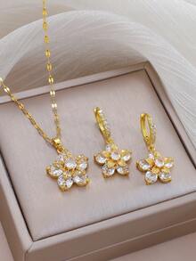 Conjunto de joyas con flor de circonita brillante, diseño exclusivo de collar gargantilla y aretes, regalo para la novia - Multicolor - Ver 1