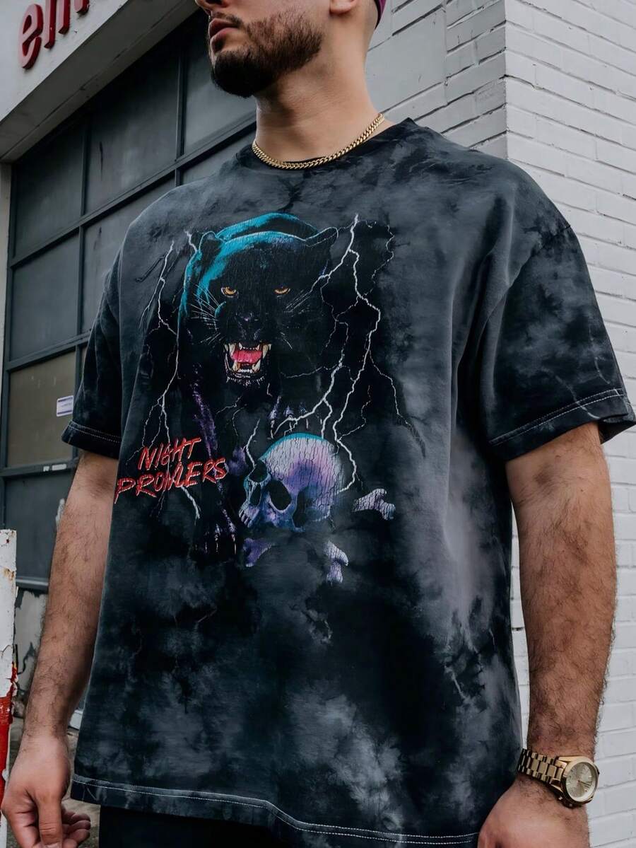 Camiseta de manga corta de cuello redondo casual y estampada para hombre - Negro - Ver 1