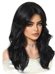 22 Inch Black Curly Wig With Bangs, Women's Synthetic Fiber Wavy Wig, Heat Resistant For Daily Wear And Parties - Black - View 4