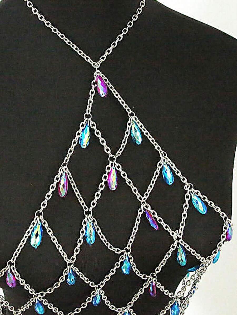 1 buah Rantai Tubuh, Rantai Rompi, atau Kalung Wanita dengan Desain Rantai Berongga Bentuk Tetesan Air Kristal Warna-warni - MultiWarna - View 1